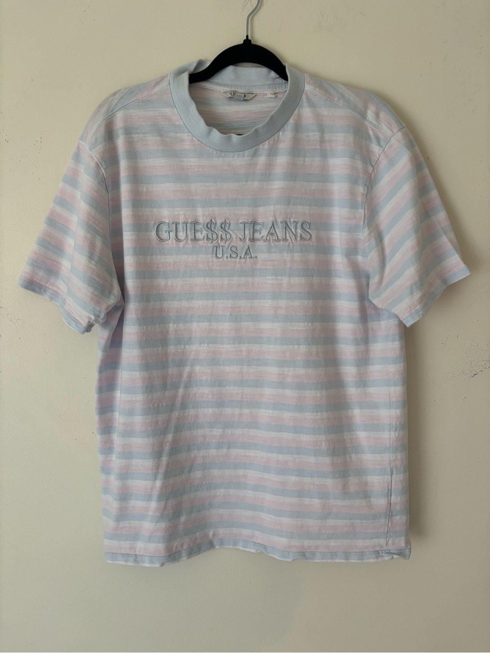 GUESS x A$AP Rocky Embroidered Pastel Blue & Pink Stripe Short Sleeve Tee Sz Lg